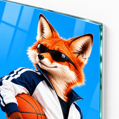 Basketbolcu Gözlüklü Tilki Dikey Cam Tablo - 4 mm ince cam kenarı