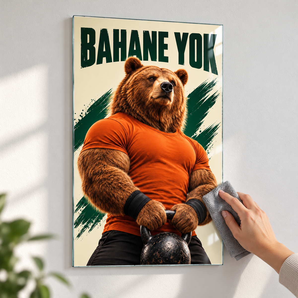 Bahane Yok Sporcu Ayı Dikey Cam Tablo - Mikrofiber bezle temizlik