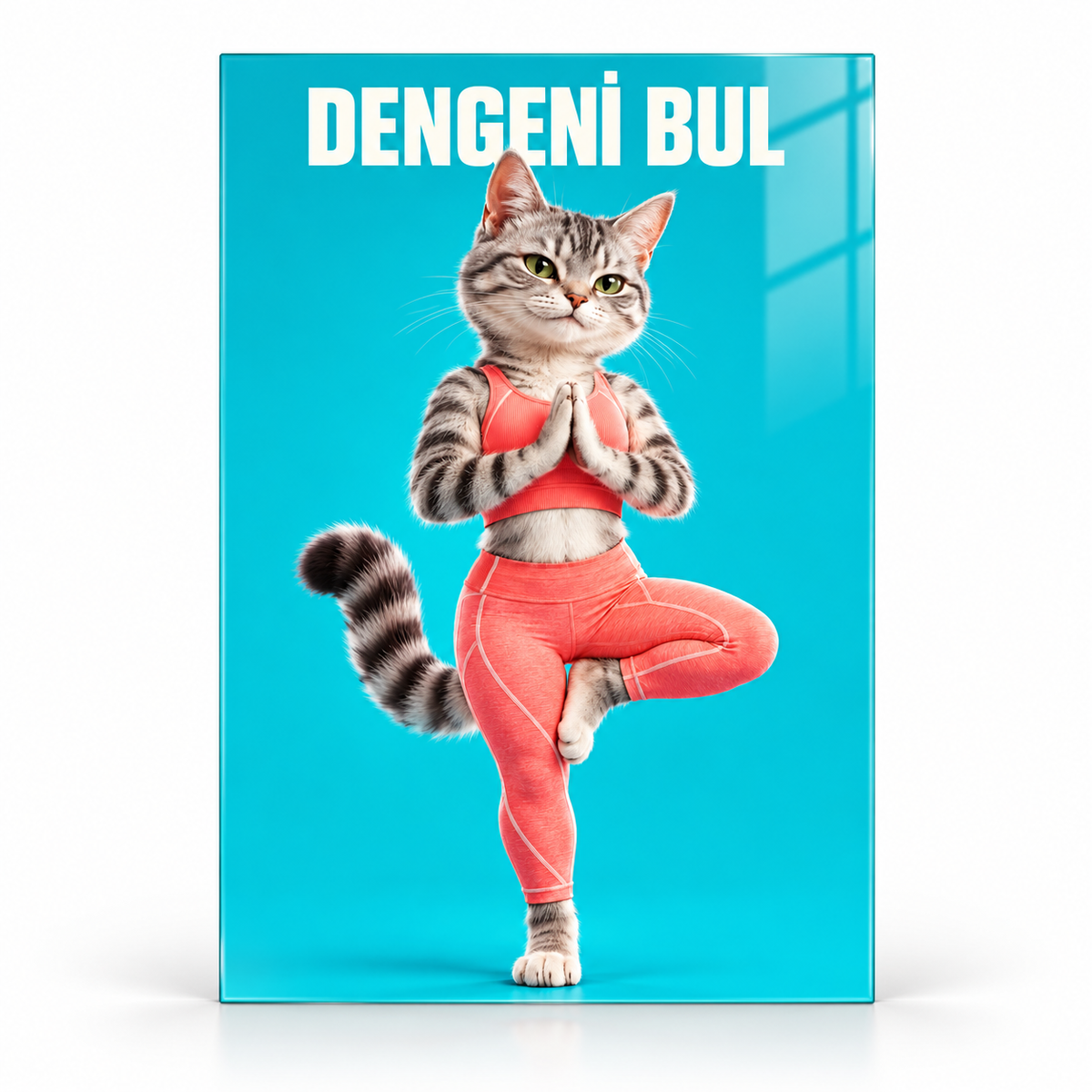 Dengeni Bul Yoga Yapan Kedi Dikey Cam Tablo - Beyaz zemin vitrin
