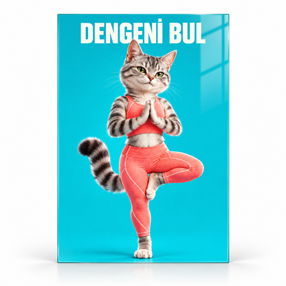 Dengeni Bul Yoga Yapan Kedi Dikey Cam Tablo - Beyaz zemin vitrin