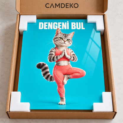 Dengeni Bul Yoga Yapan Kedi Dikey Cam Tablo - CAMDEKO koruyucu ambalaj