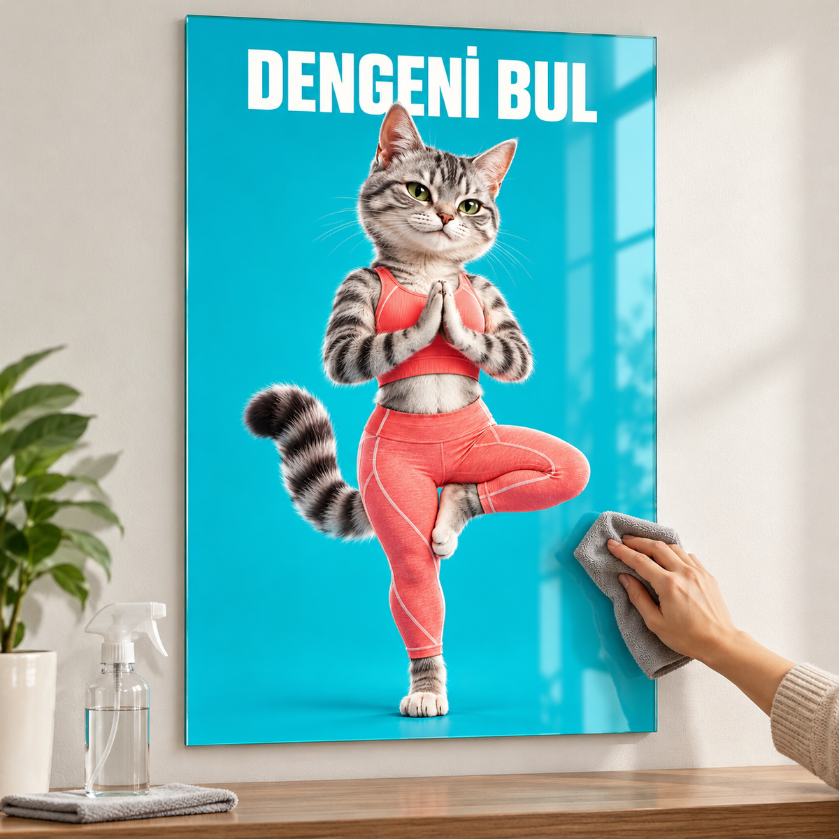 Dengeni Bul Yoga Yapan Kedi Dikey Cam Tablo - Mikrofiber bezle temizlik