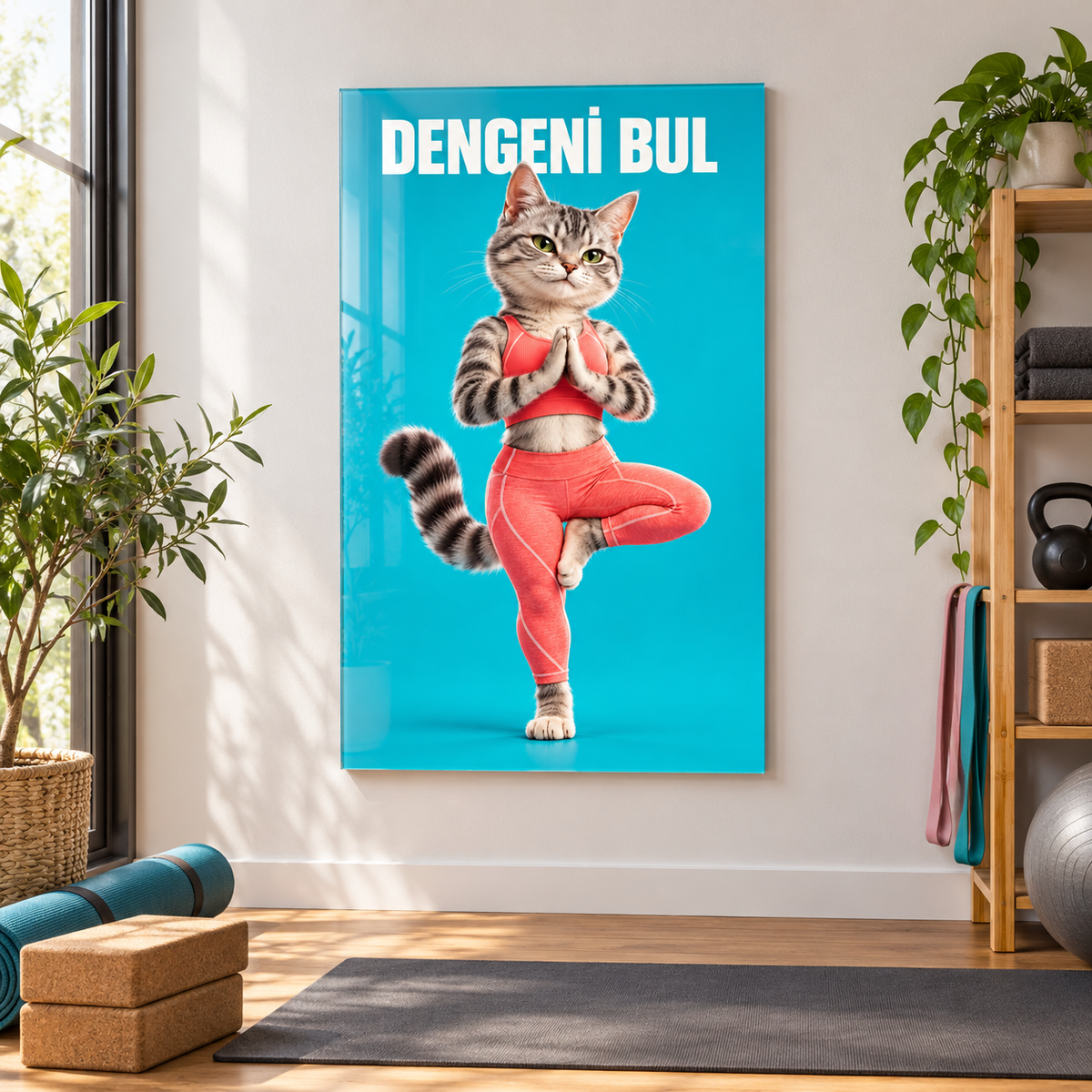 Dengeni Bul Yoga Yapan Kedi Dikey Cam Tablo - Evde yoga alanında görünüm