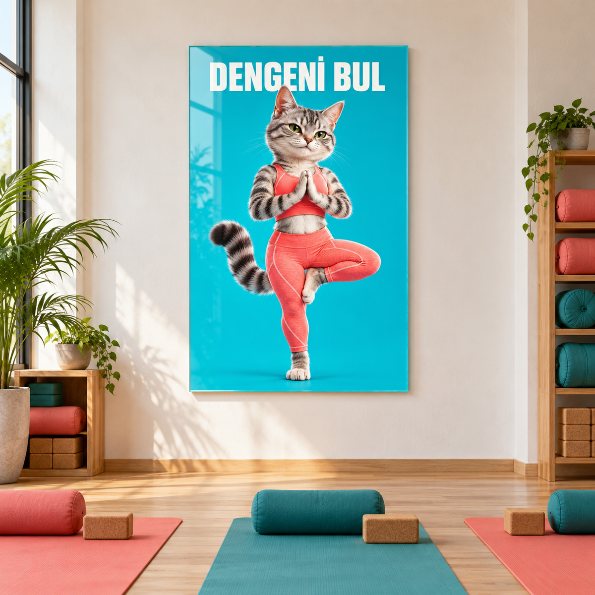 Dengeni Bul Yoga Yapan Kedi Dikey Cam Tablo - Yoga stüdyosunda görünüm