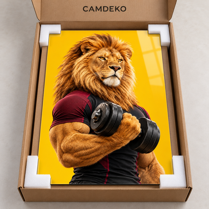 Sarı Zeminli Dambıllı Aslan Dikey Cam Tablo - CAMDEKO koruyucu ambalaj