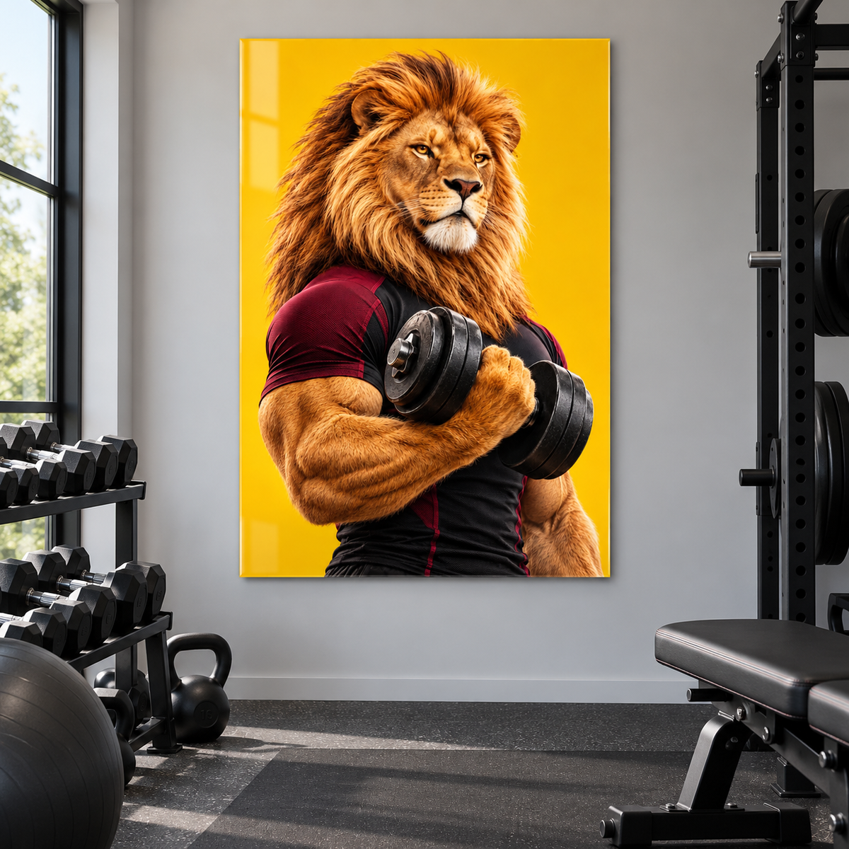 Sarı Zeminli Dambıllı Aslan Dikey Cam Tablo - Evde spor odasında görünüm