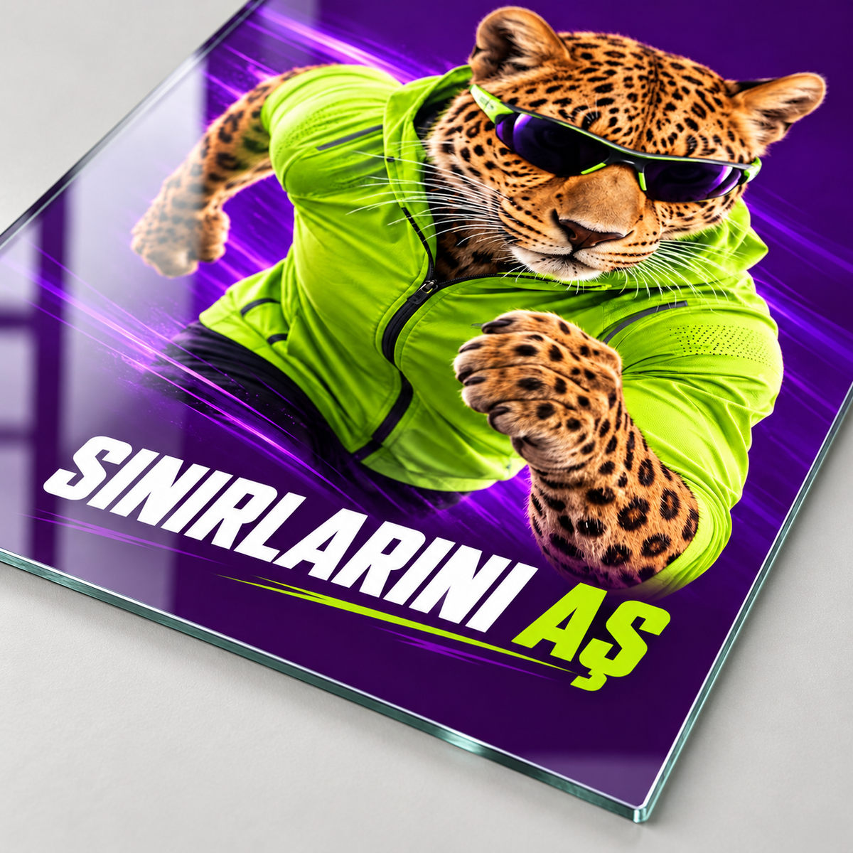 Sınırlarını Aş Sporcu Leopar Dikey Cam Tablo - 4 mm ince rodajlı cam kenarı
