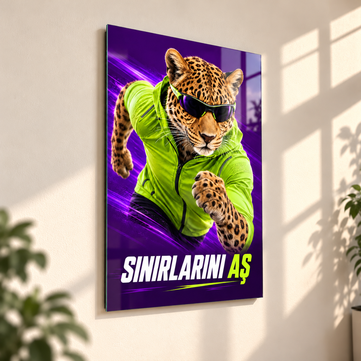 Sınırlarını Aş Sporcu Leopar Dikey Cam Tablo - Yaklaşık 2 cm duvar mesafesi