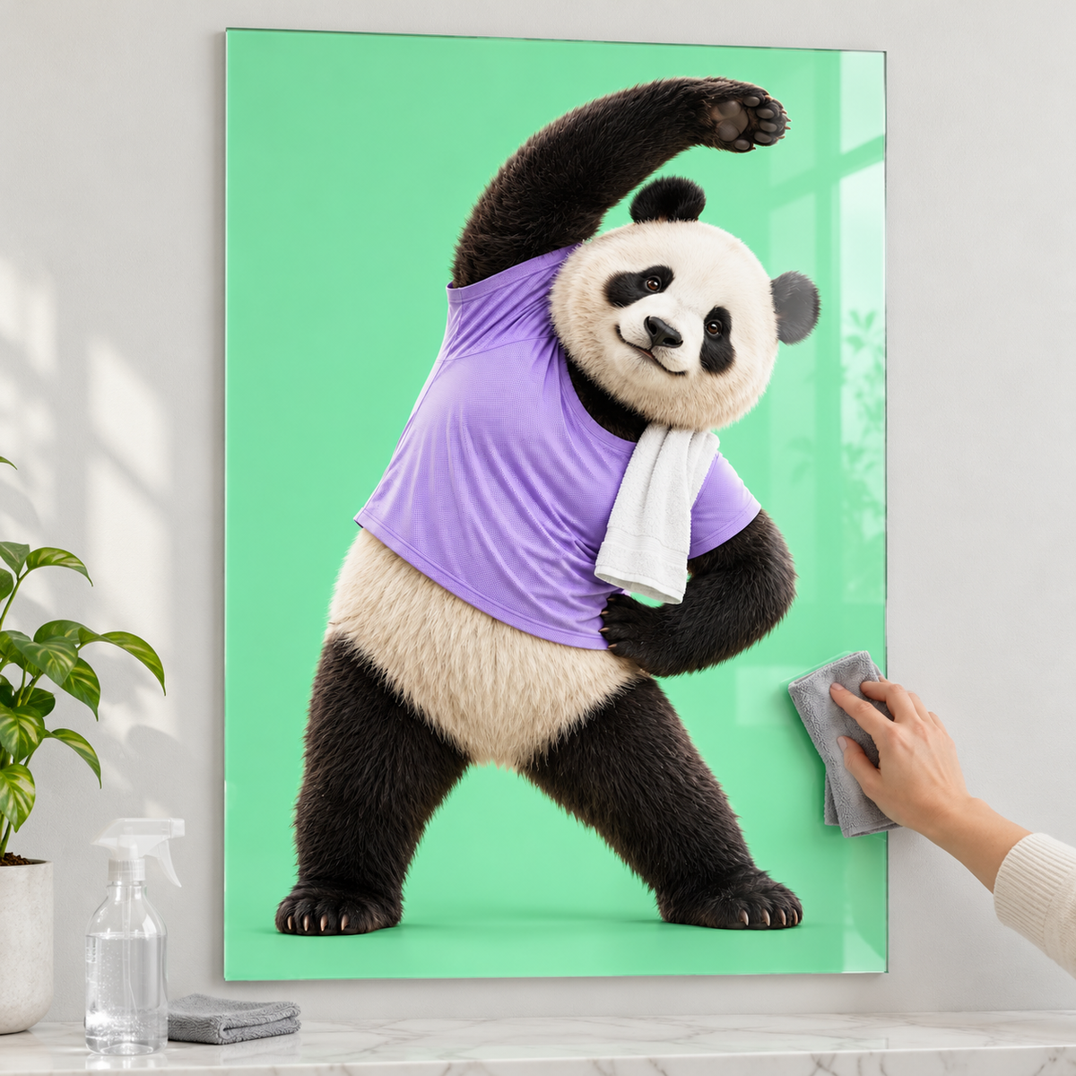 Mor Tişörtlü Esneyen Panda Dikey Cam Tablo - Mikrofiber bezle temizlik