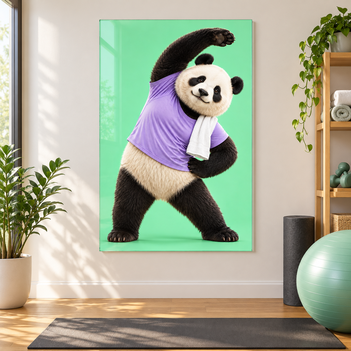 Mor Tişörtlü Esneyen Panda Dikey Cam Tablo - Evde egzersiz alanında görünüm
