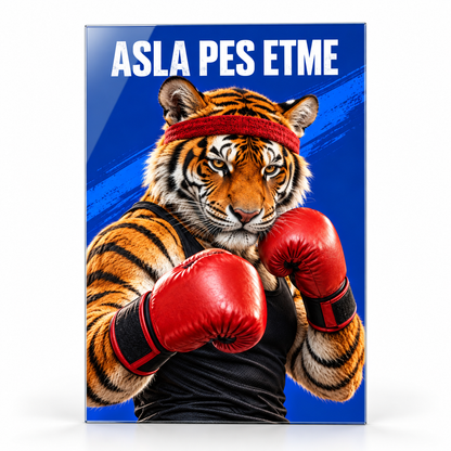 Asla Pes Etme Boksör Kaplan Dikey Cam Tablo - Beyaz zemin vitrin