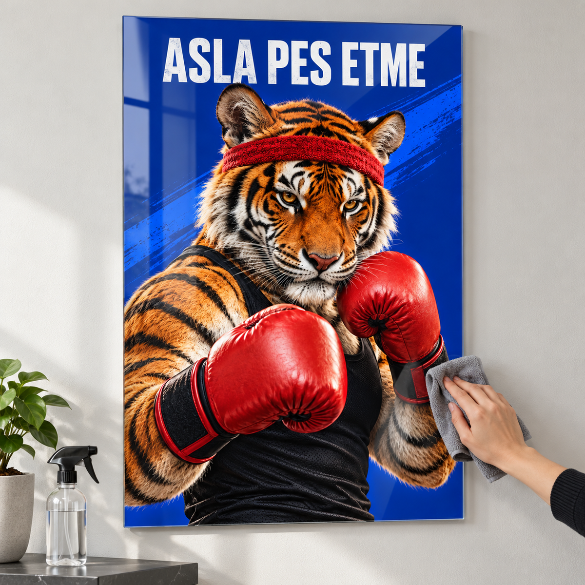 Asla Pes Etme Boksör Kaplan Dikey Cam Tablo - Mikrofiber bezle temizlik