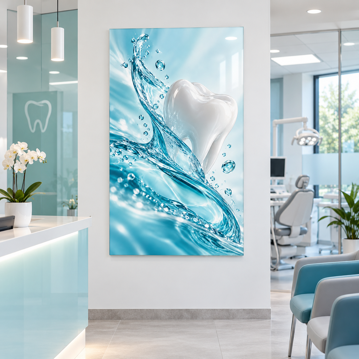 Turkuaz Su ve İnci Diş Dikey Cam Tablo — Diş kliniği resepsiyonu