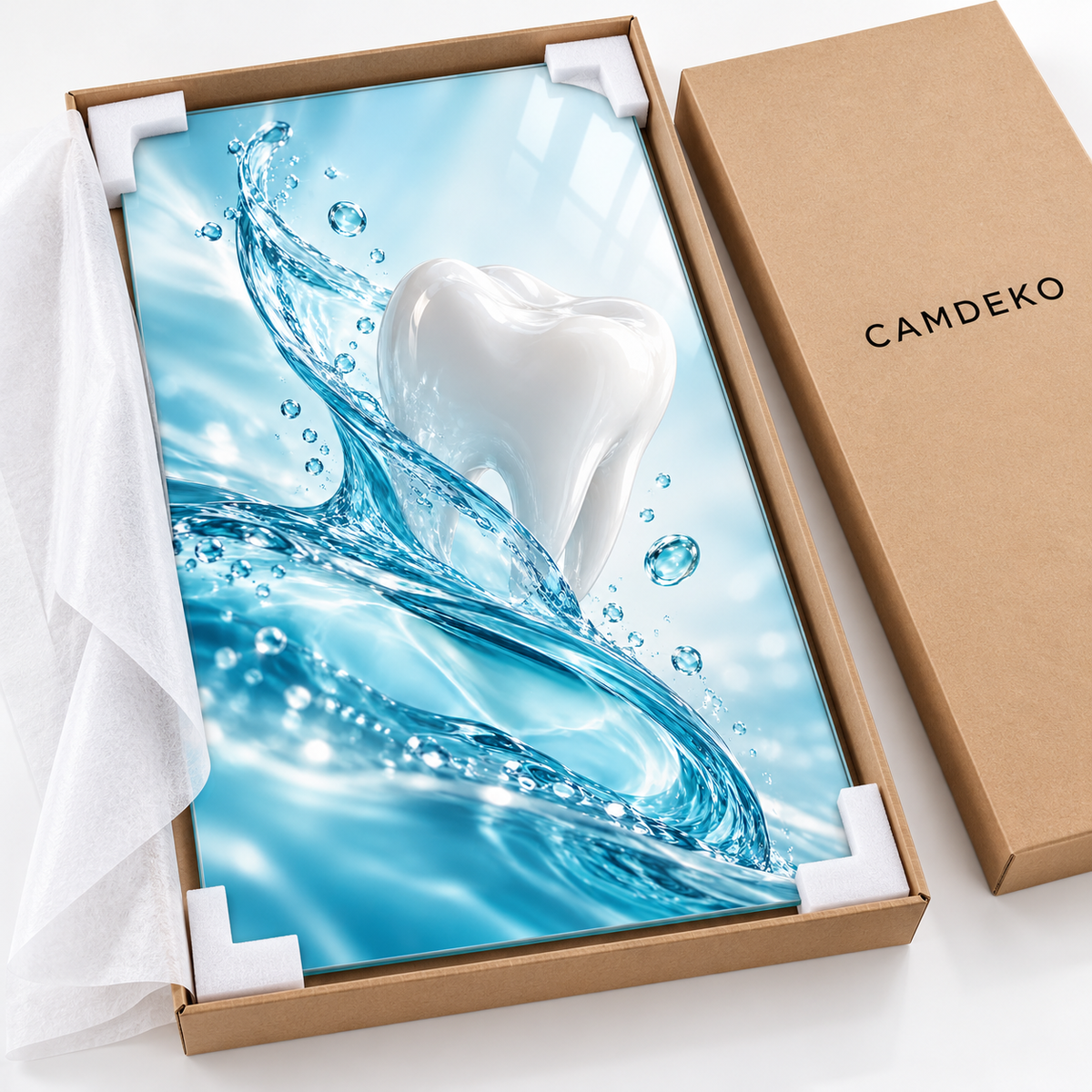 Turkuaz Su ve İnci Diş Dikey Cam Tablo — CAMDEKO koruyucu paketleme