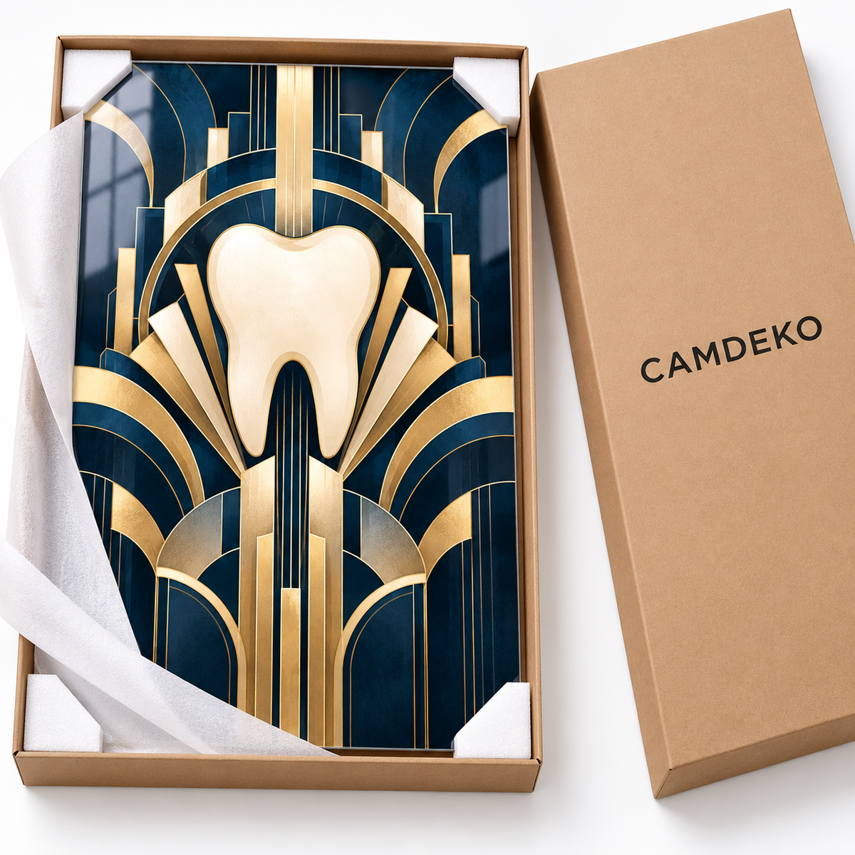 Lacivert Art Deco Diş Dikey Cam Tablo — CAMDEKO koruyucu paketleme