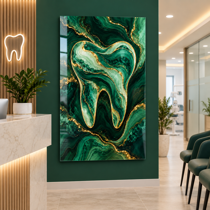 Zümrüt ve Altın Diş Dikey Cam Tablo — Diş kliniği resepsiyonu