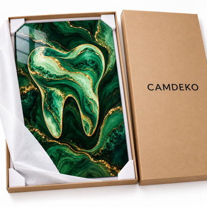 Zümrüt ve Altın Diş Dikey Cam Tablo — CAMDEKO koruyucu paketleme