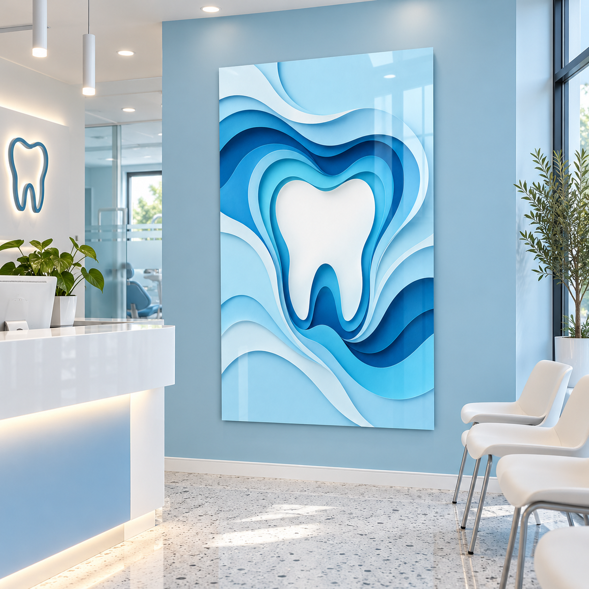 Mavi Katmanlı Diş Dikey Cam Tablo — Diş kliniği resepsiyonu