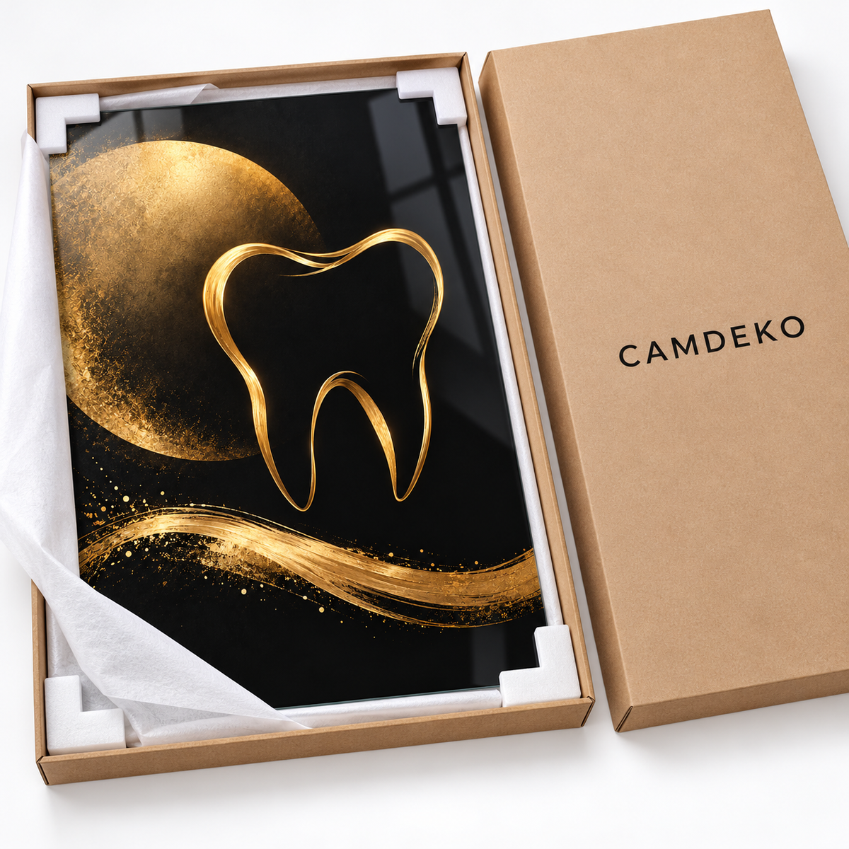 Siyah Fondaki Altın Diş Çizgisi Dikey Cam Tablo — CAMDEKO koruyucu paketleme