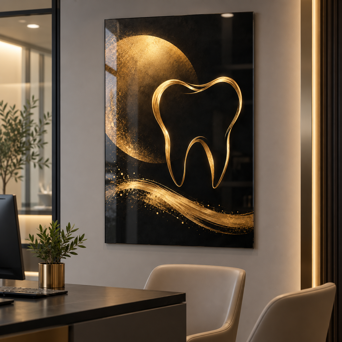 Siyah Fondaki Altın Diş Çizgisi Dikey Cam Tablo — Diş kliniği danışma odası