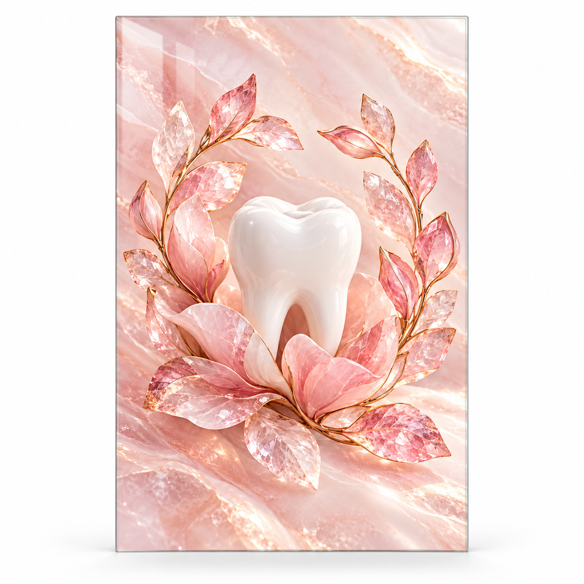 Pembe Kuvars Diş Bahçesi Dikey Cam Tablo — Beyaz fonda ön görünüm