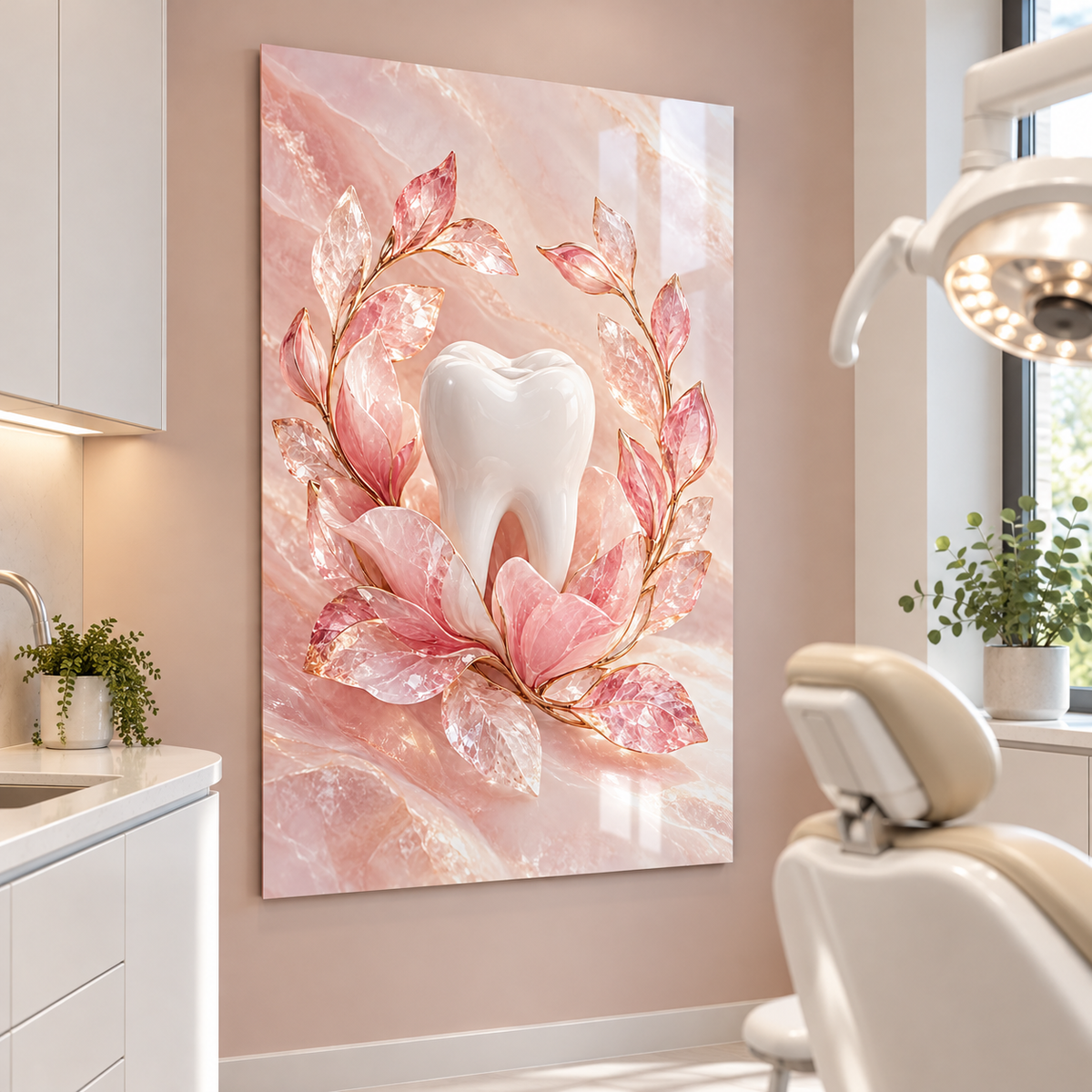 Pembe Kuvars Diş Bahçesi Dikey Cam Tablo — Diş kliniği muayene odası