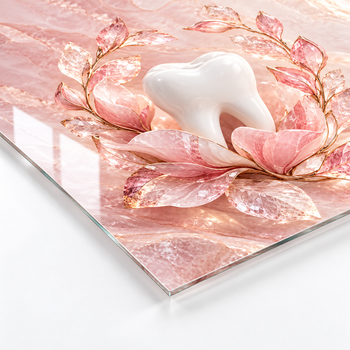 Pembe Kuvars Diş Bahçesi Dikey Cam Tablo — 4 mm cam kenarı detayı