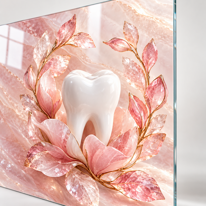 Pembe Kuvars Diş Bahçesi Dikey Cam Tablo — UV baskı ve desen detayı