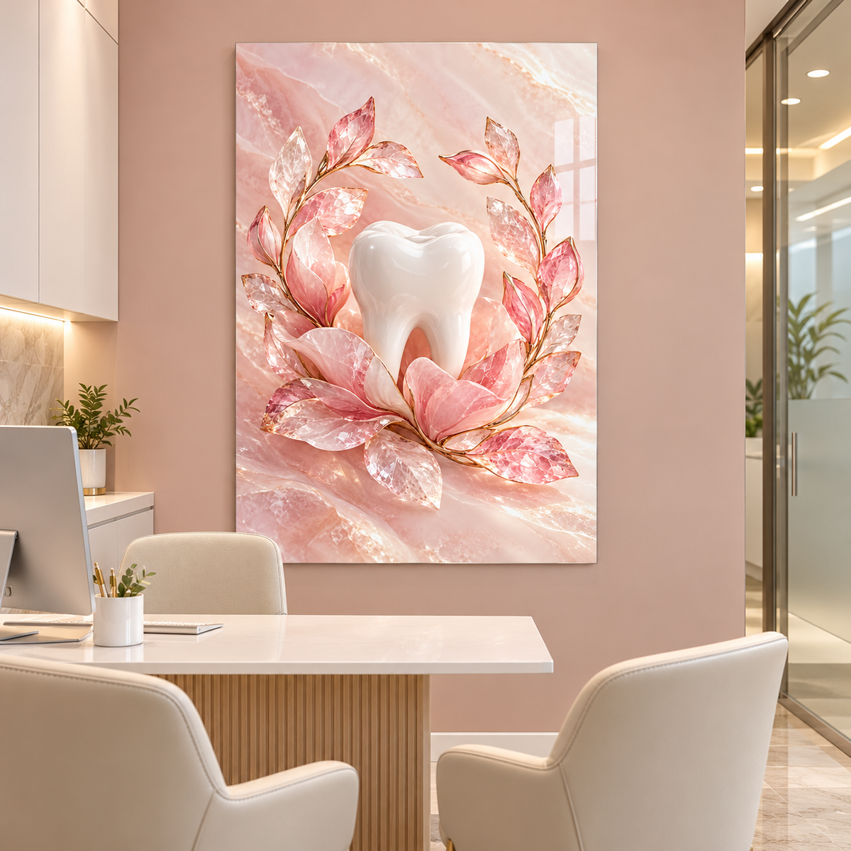 Pembe Kuvars Diş Bahçesi Dikey Cam Tablo — Diş kliniği danışma odası