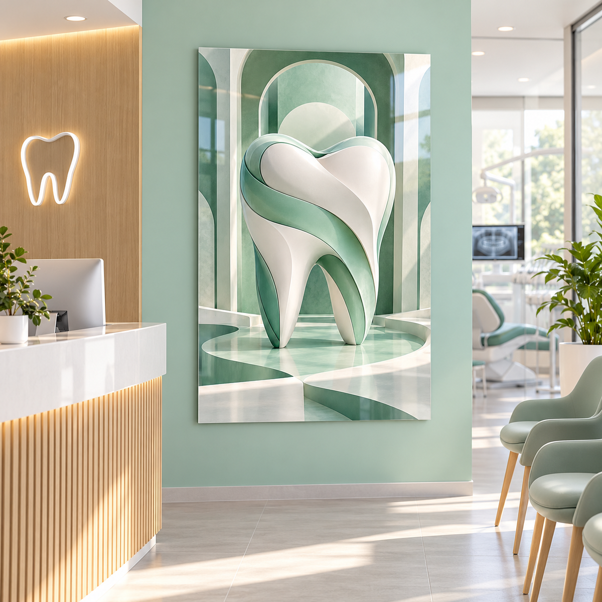 Mint Mimari Diş Dikey Cam Tablo — Diş kliniği resepsiyonu