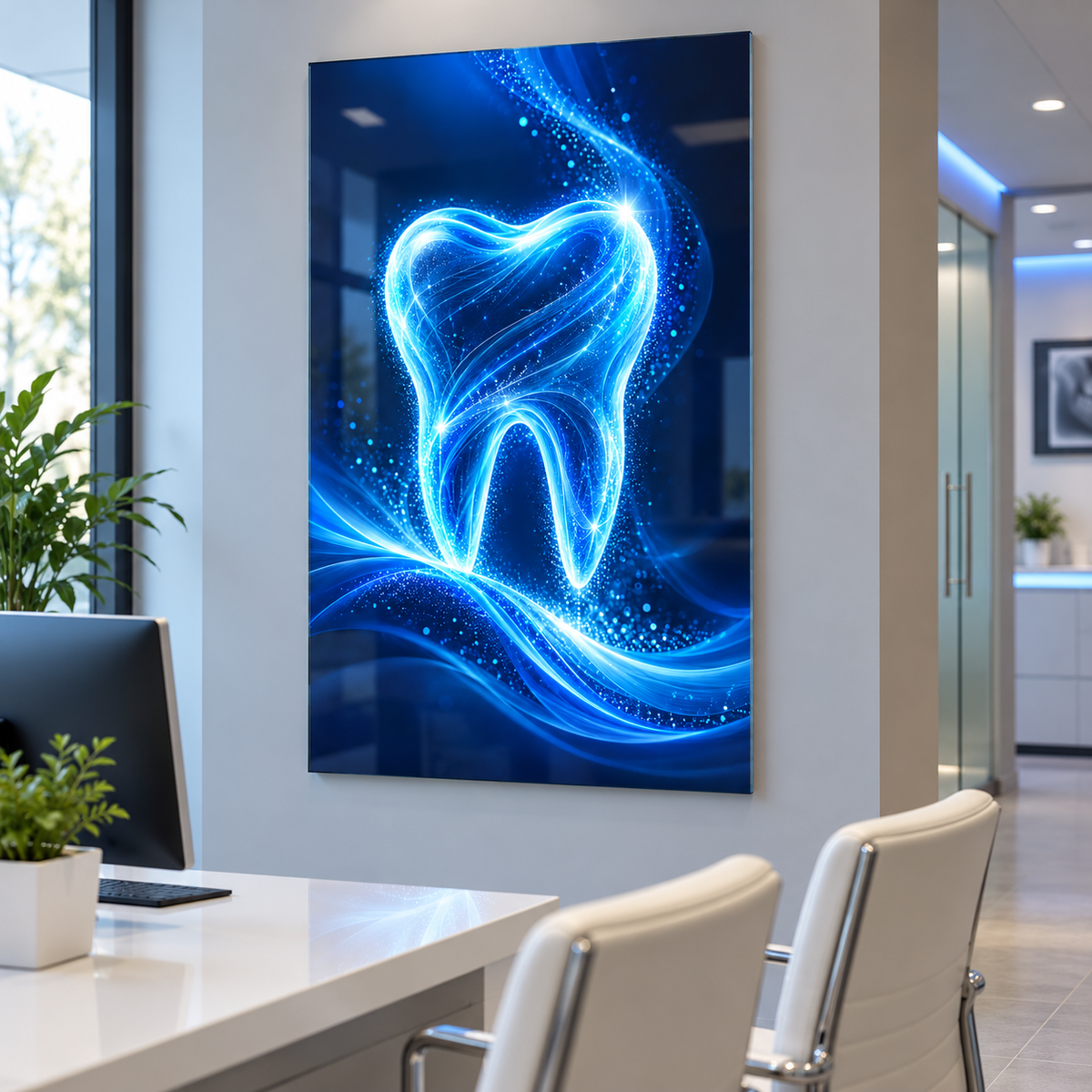 Safir Dijital Diş Dikey Cam Tablo — Diş kliniği danışma odası