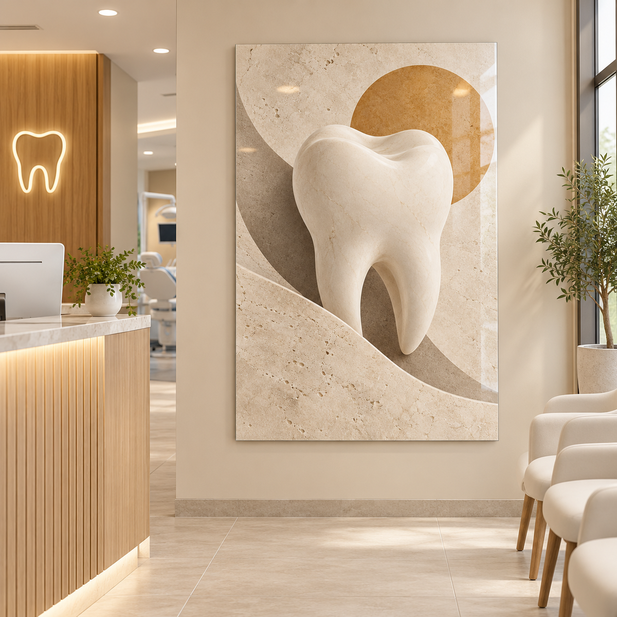 Kum Tonlarında Minimal Diş Dikey Cam Tablo — Diş kliniği resepsiyonu