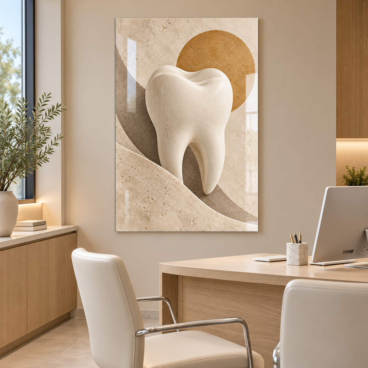Kum Tonlarında Minimal Diş Dikey Cam Tablo — Diş kliniği danışma odası