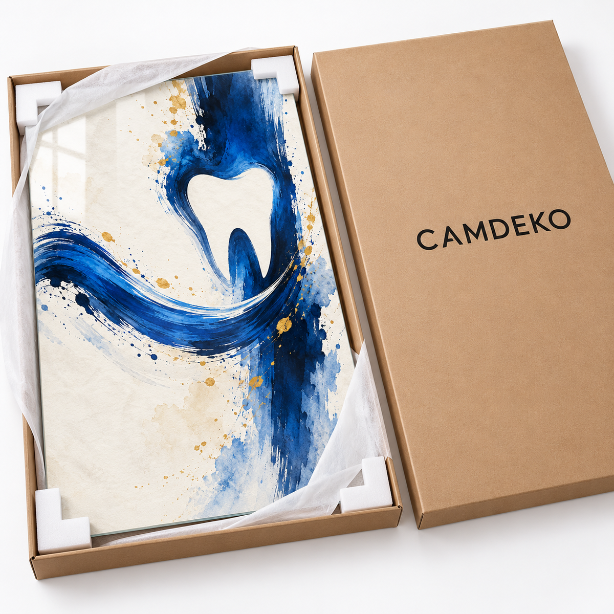 İndigo Fırça Gülüşü Dikey Cam Tablo — CAMDEKO koruyucu paketleme