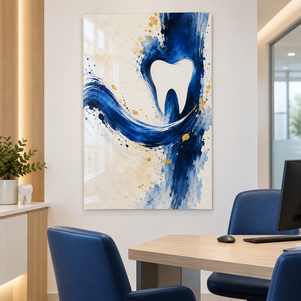 İndigo Fırça Gülüşü Dikey Cam Tablo — Diş kliniği danışma odası