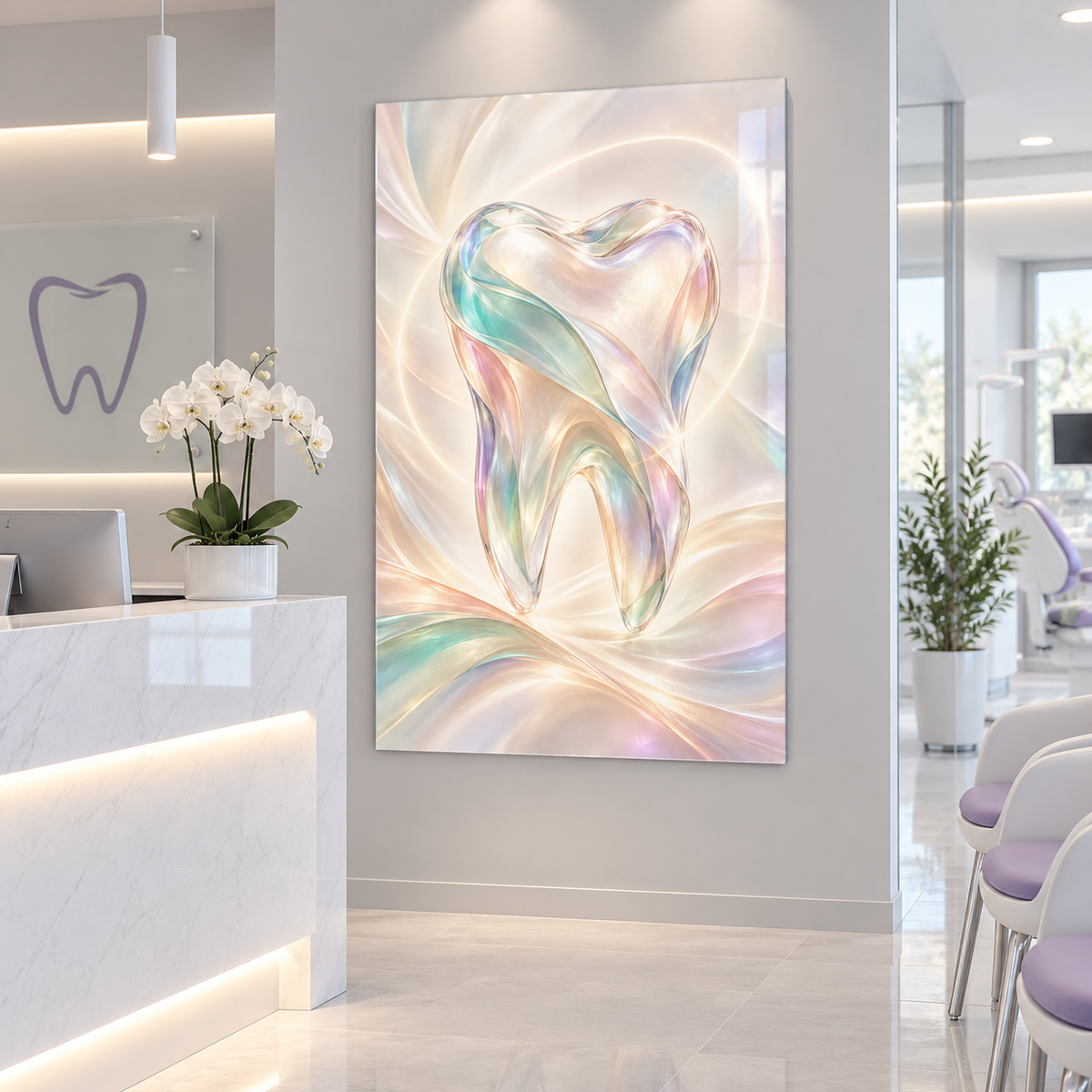 İridesan Opal Diş Dikey Cam Tablo — Diş kliniği resepsiyonu