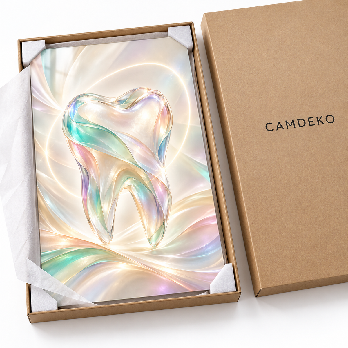 İridesan Opal Diş Dikey Cam Tablo — CAMDEKO koruyucu paketleme