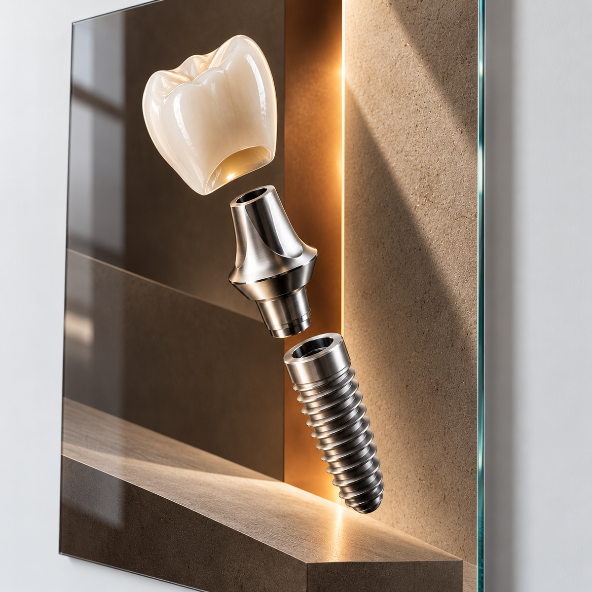 Titanyum Senfoni İmplant Dikey Cam Tablo — UV baskı ve desen detayı