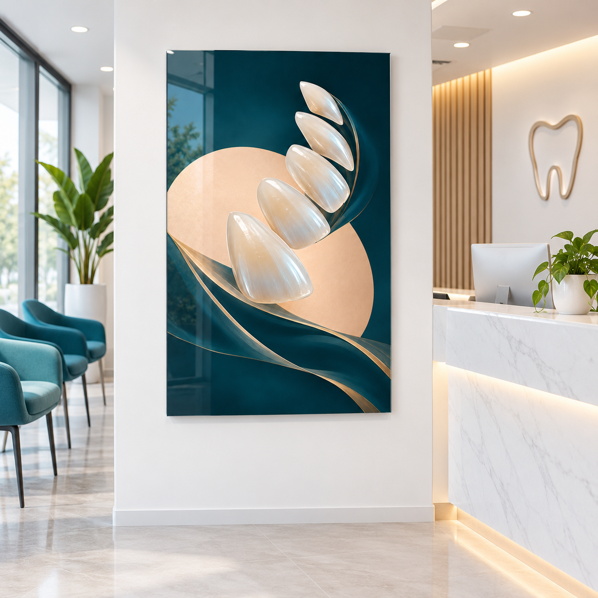 Sedef Gülüş Yelpazesi Dikey Cam Tablo – Diş kliniği resepsiyonu
