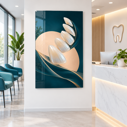 Sedef Gülüş Yelpazesi Dikey Cam Tablo – Diş kliniği resepsiyonu