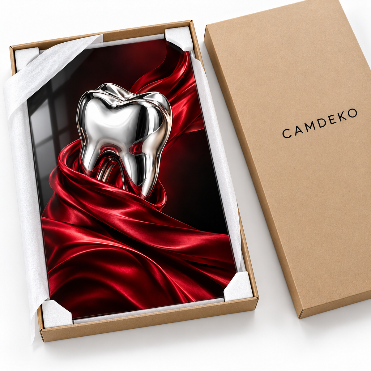 Kırmızı İpek ve Krom Diş Dikey Cam Tablo – CAMDEKO koruyucu paketleme