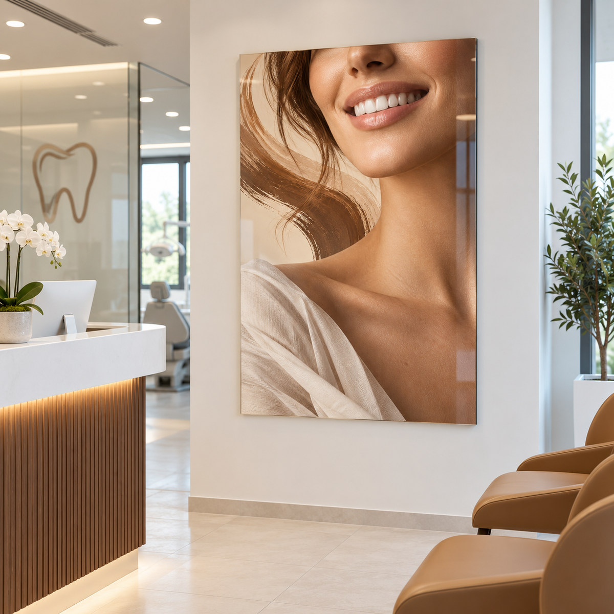 Gülüşün İmzası Dikey Cam Tablo – Diş kliniği resepsiyonu