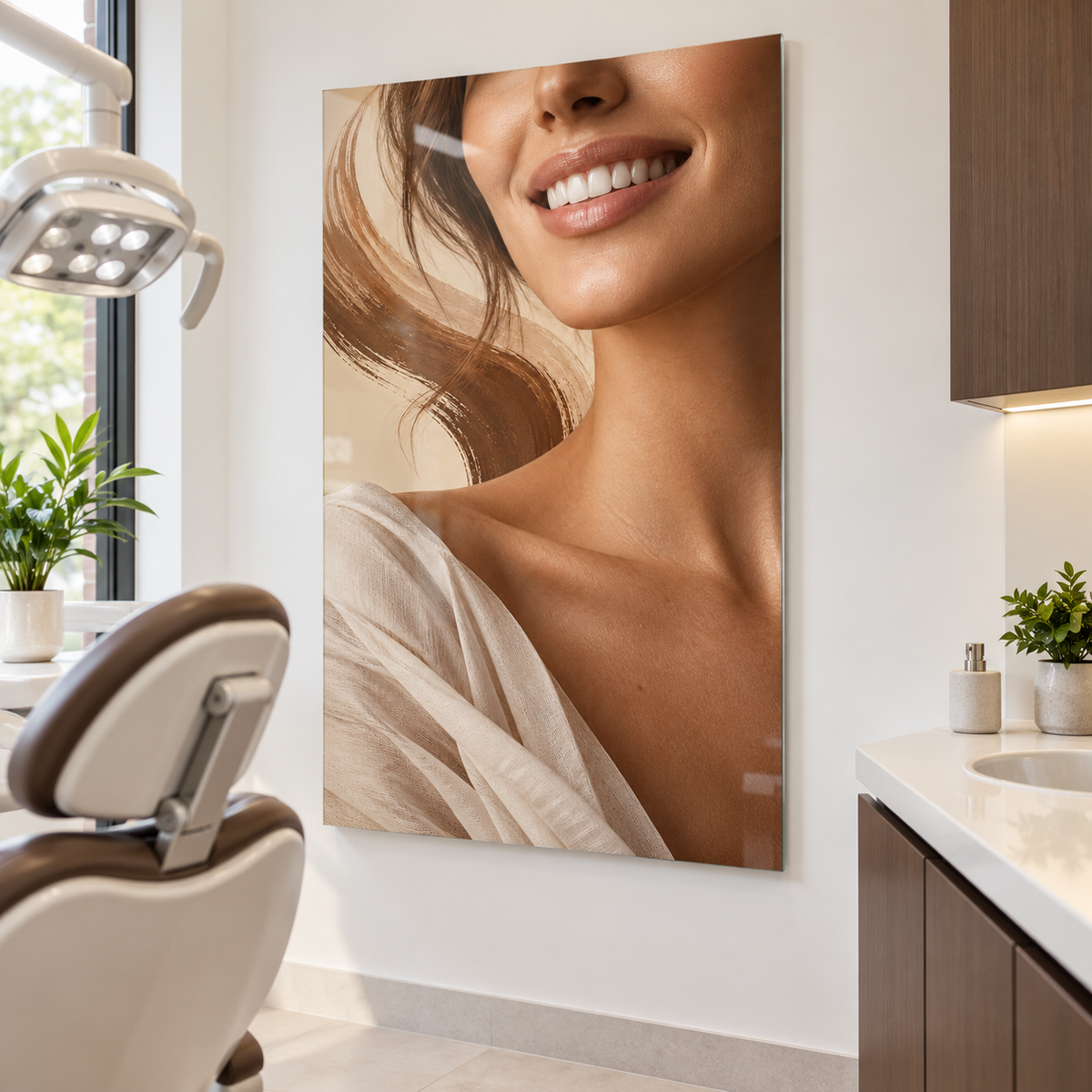 Gülüşün İmzası Dikey Cam Tablo – Diş kliniği muayene odası