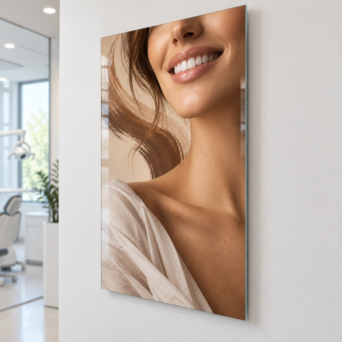 Gülüşün İmzası Dikey Cam Tablo – Yaklaşık 2 cm duvar mesafesi