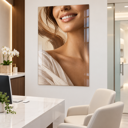 Gülüşün İmzası Dikey Cam Tablo – Diş kliniği danışma odası