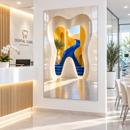 Gülüşe Açılan Kapı Dikey Cam Tablo – Diş kliniği resepsiyonu