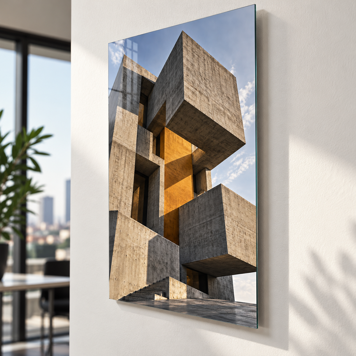 Beton ve Işık Mimari Dikey Cam Tablo — Duvardan yaklaşık 2 cm mesafe