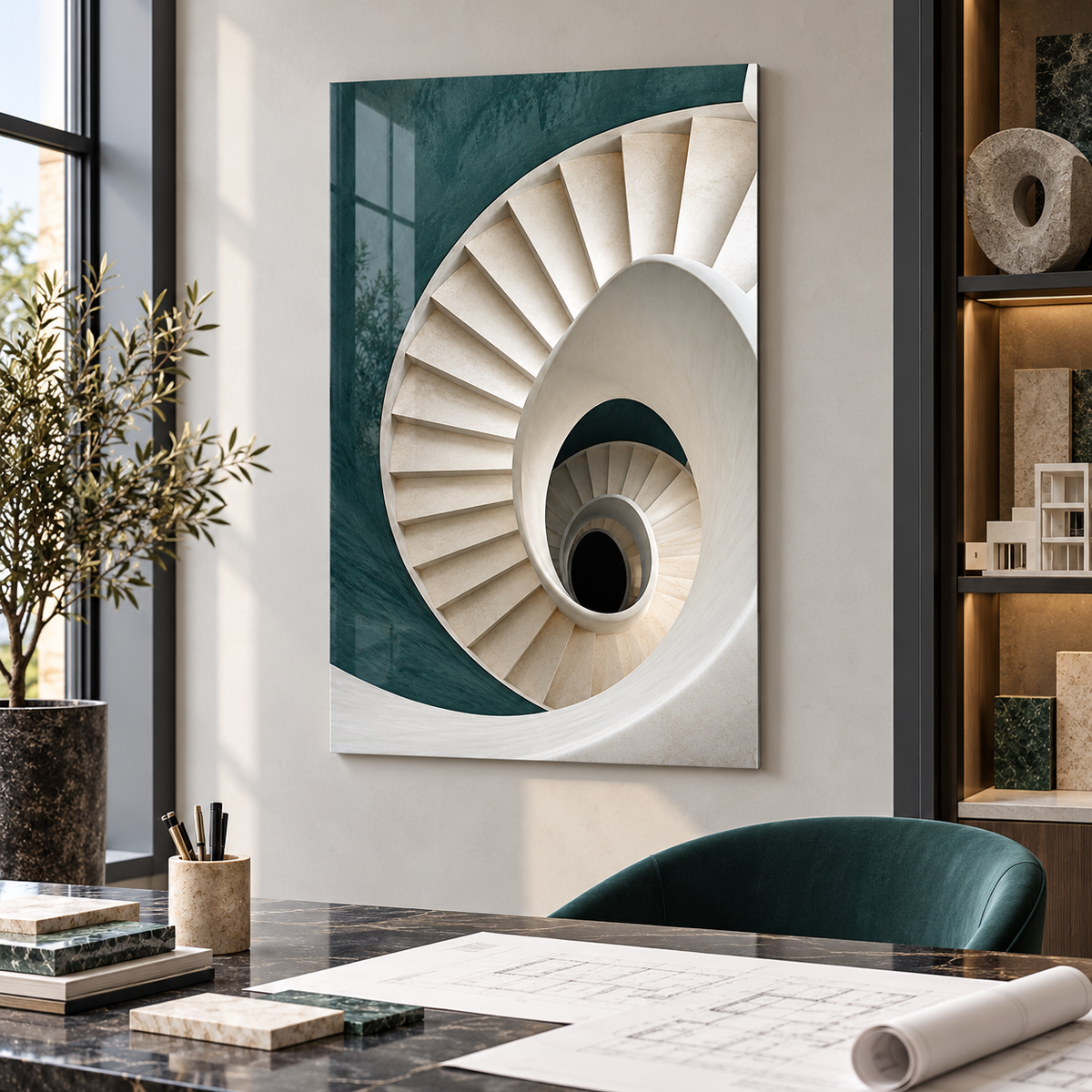 Spiral Mekân Mimari Dikey Cam Tablo — Farklı ofis ortamında görünüm