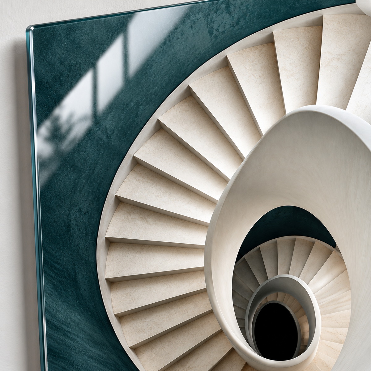 Spiral Mekân Mimari Dikey Cam Tablo — UV baskı ve desen detayı