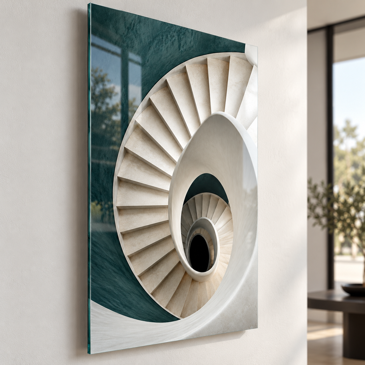 Spiral Mekân Mimari Dikey Cam Tablo — Duvardan yaklaşık 2 cm mesafe